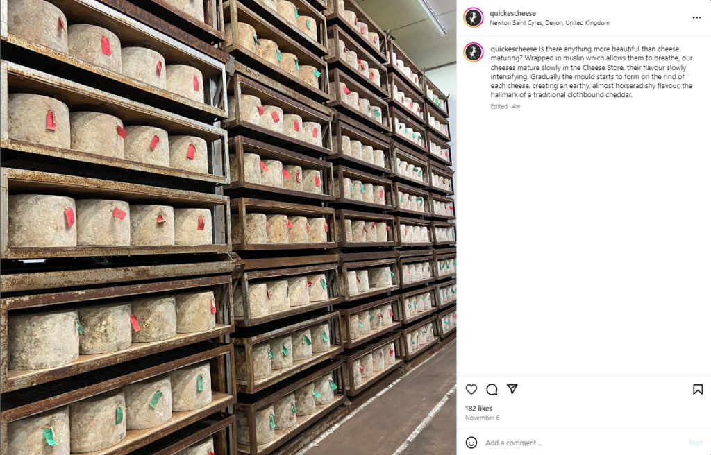 Quickes cheese using instagram for behind the scenese posts of maturing room.